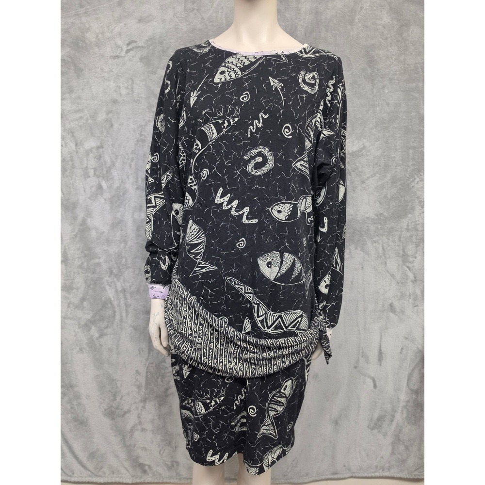 American Vintage Black White Drop Waist Cotton Dress Fish Print 90s Art to Wear
